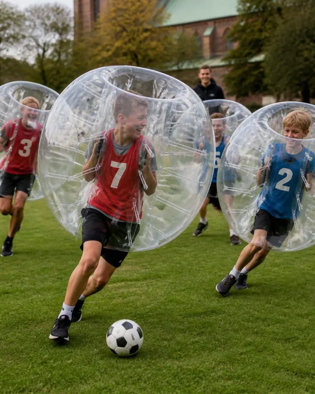 Barn i röda och blå västar spelar fotboll i genomskinliga bumperballs på gräs.