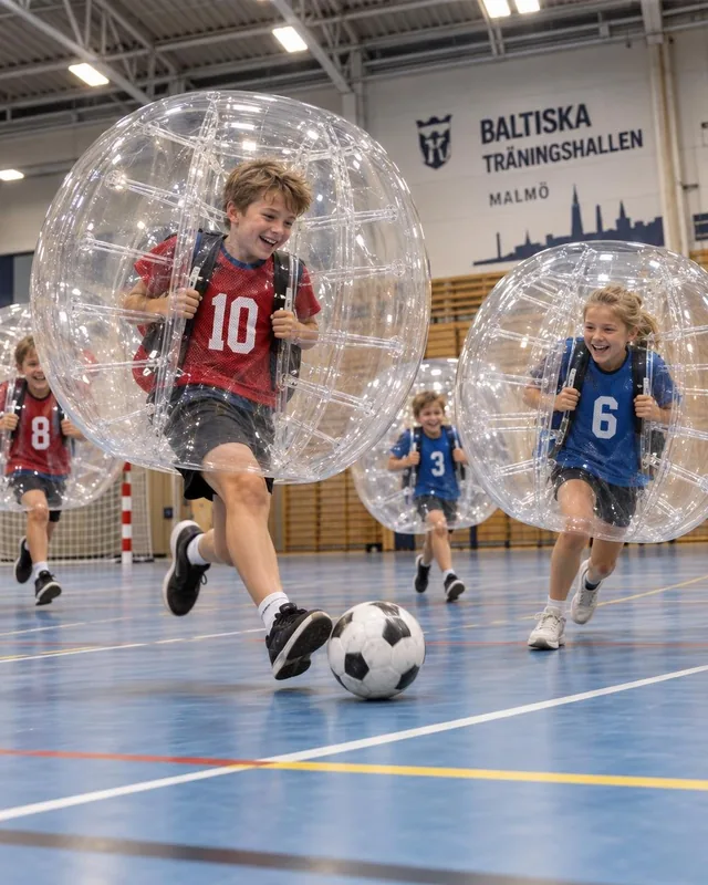 Barn i röda och blå västar spelar fotboll med genomskinliga bumperballs i en idrottshall.