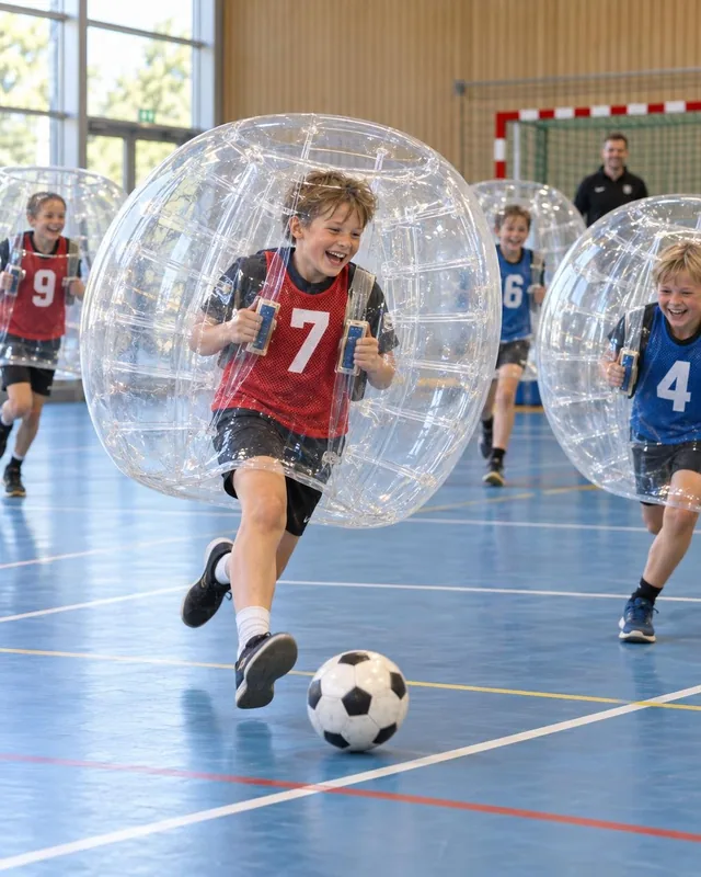Barn jagar en fotboll i genomskinliga bumperballs på ett blått hallgolv.