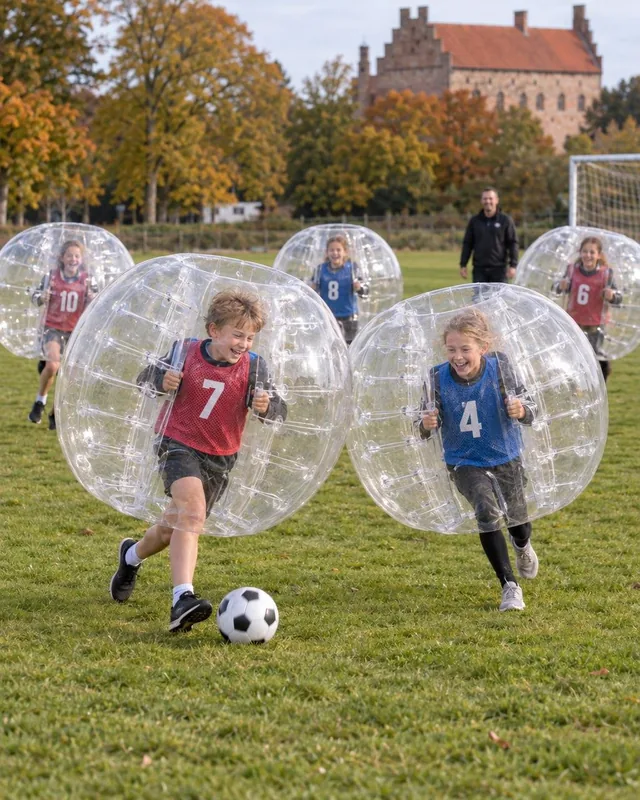 Barn i röda och blå västar spelar fotboll i genomskinliga bumperballs på gräs.