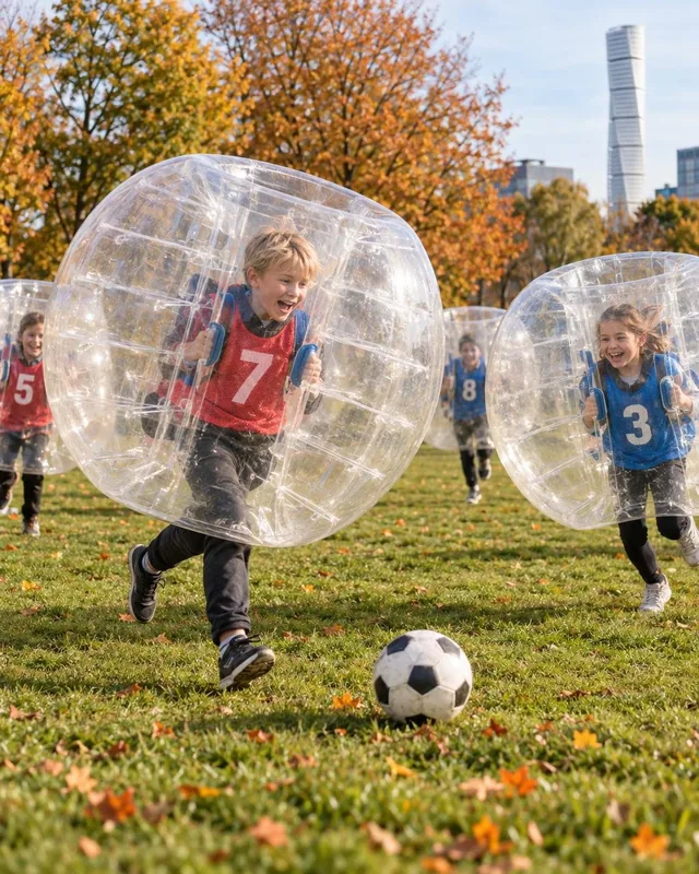 Barn spelar fotboll med bumperballs på en gräsmatta bland höstlöv.