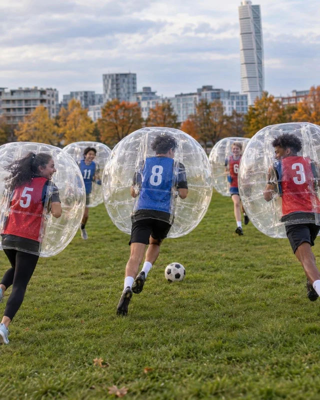Ungdomar spelar bumperballfotboll på gräs med Turning Torso i bakgrunden.