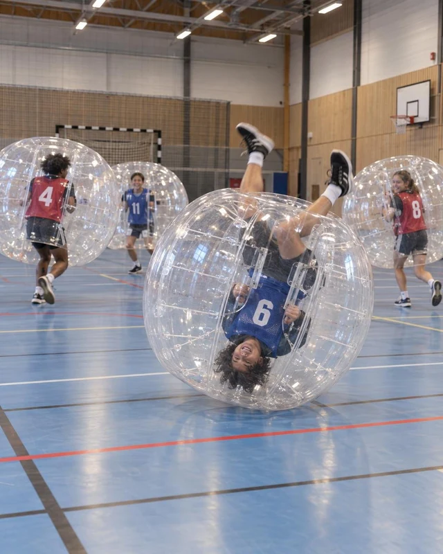 En spelare i blå väst rullar upp och ned i en bumperball på ett sporthallsgolv.
