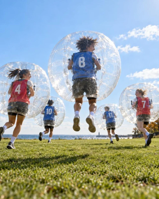 Ungdomar i röda och blå västar hoppar med bumperballs på gräs vid havet.