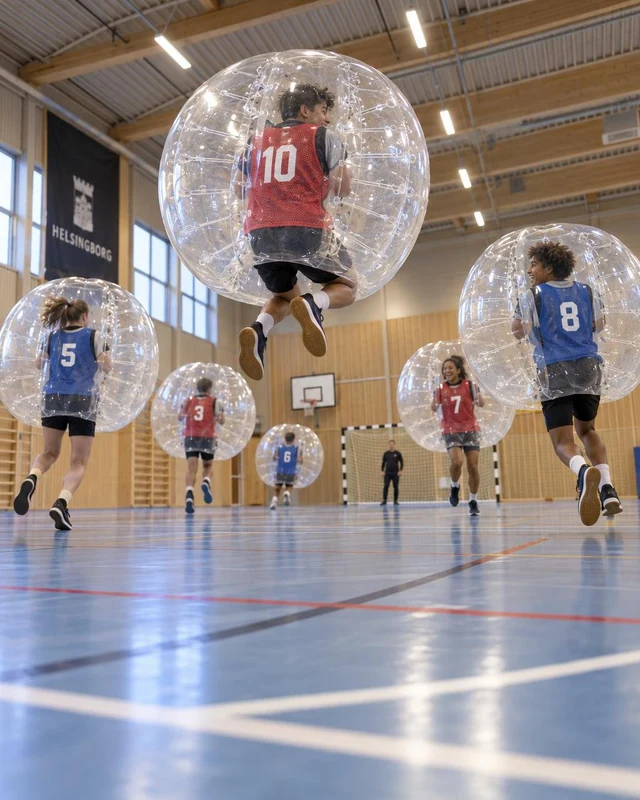 Ungdomar spelar med genomskinliga bumperballs i en ljus sporthall.