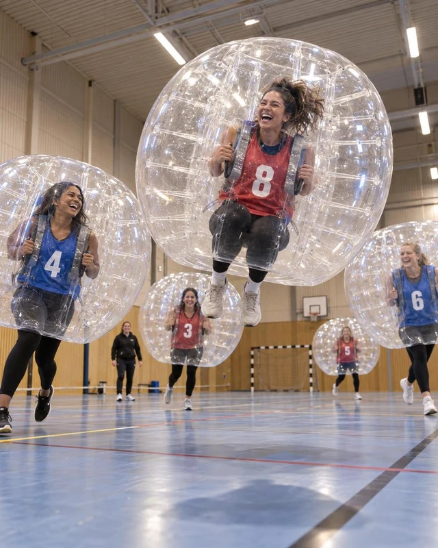 Vuxna skrattar och hoppar med bumperballs i en sporthall.
