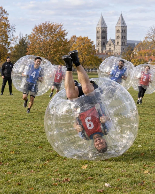 En vuxen rullar upp och ned i en bumperball på gräs med Lunds domkyrka i bakgrunden.