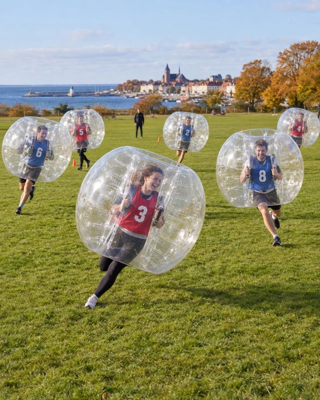 Ett gäng spelar med genomskinliga bumperballs på gräs med havet och höstträd i bakgrunden.