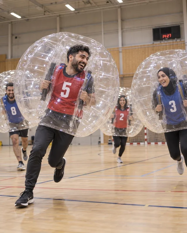Vuxna i röda och blå västar springer med genomskinliga bumperballs i en sporthall.