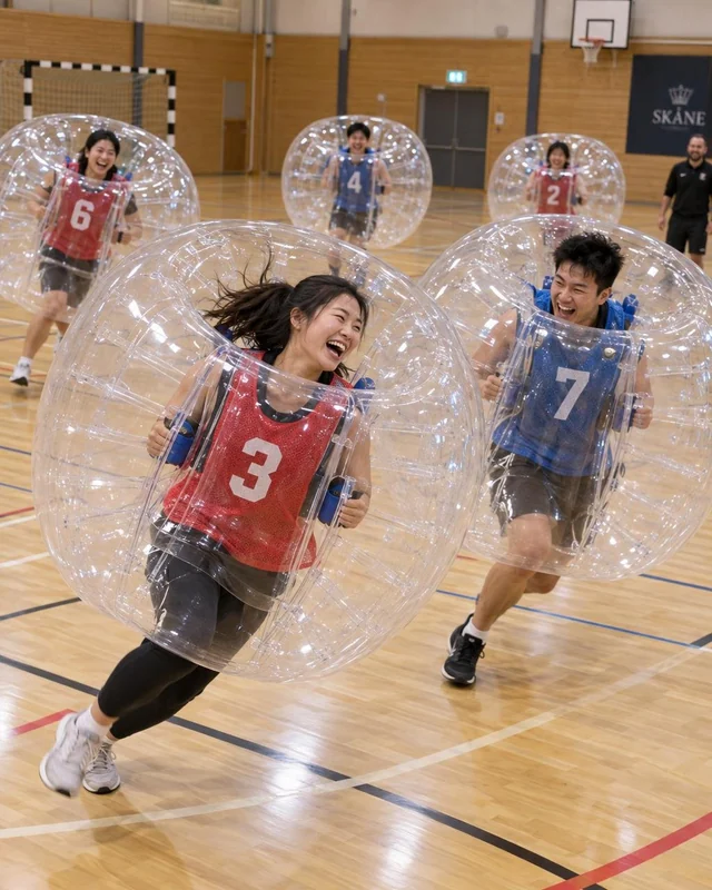 Två vuxna i röda och blå västar skrattar medan de springer med sina bumperballs i hallen.