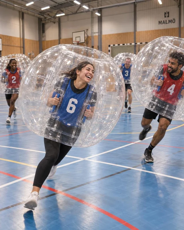 Vuxna i blå och röda västar spelar med bumperballs i en ljus sporthall.