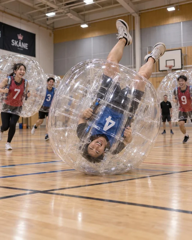 En spelare i blå väst är upp och ned i en genomskinlig bumperball i en sporthall.