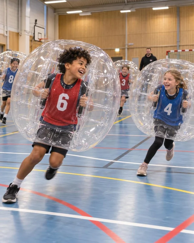 Barn i röda och blå västar springer med bumperballs över ett blått sporthallsgolv.