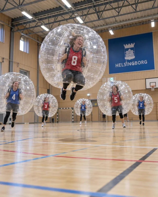 En spelare i röd väst hoppar med sin bumperball medan andra spelare står bakom i hallen.