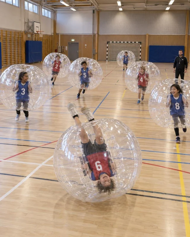 En spelare i röd väst rullar i sin bumperball på ett sporthallsgolv med laget i bakgrunden.