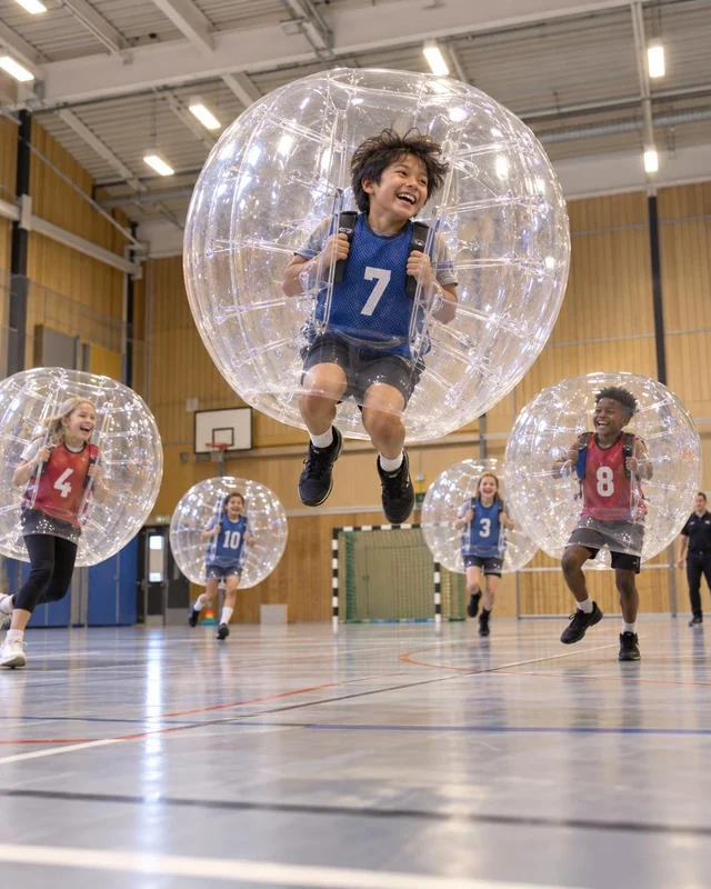 En spelare i blå väst hoppar med sin genomskinliga bumperball i en ljus sporthall.