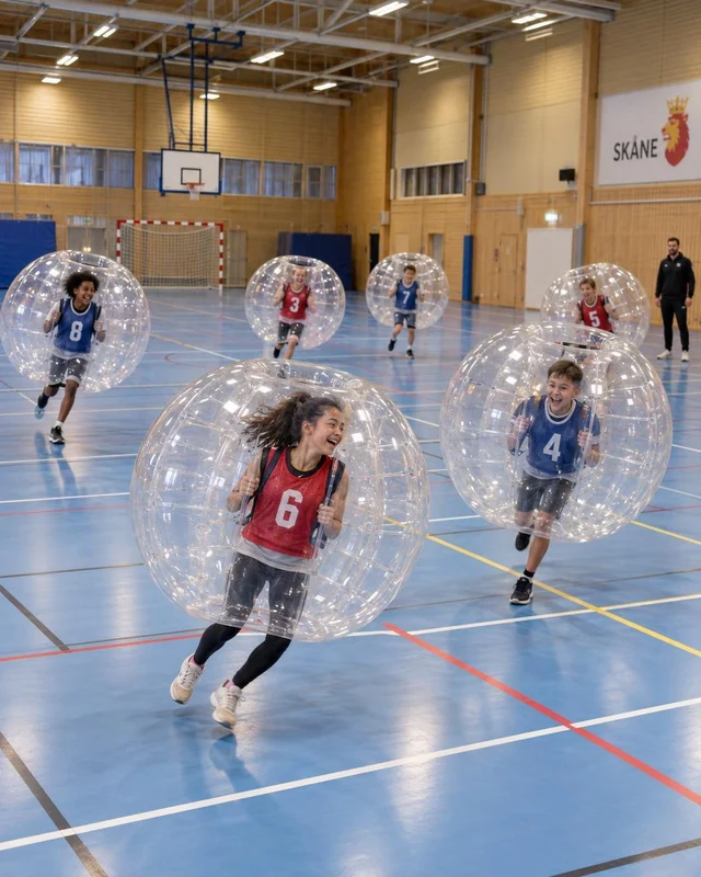 Barn i röda och blå västar spelar med bumperballs i en sporthall med blått golv.