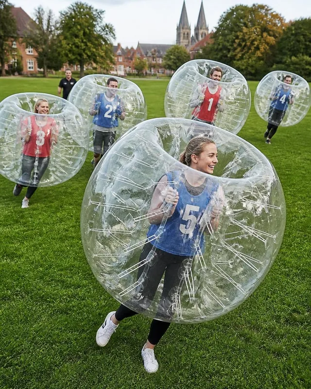 Vuxna i röda och blå västar springer med bumperballs på en gräsmatta.