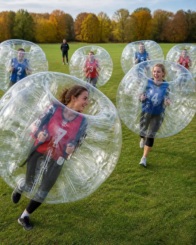 Vuxna i röda och blå västar springer med bumperballs bland höstträden.