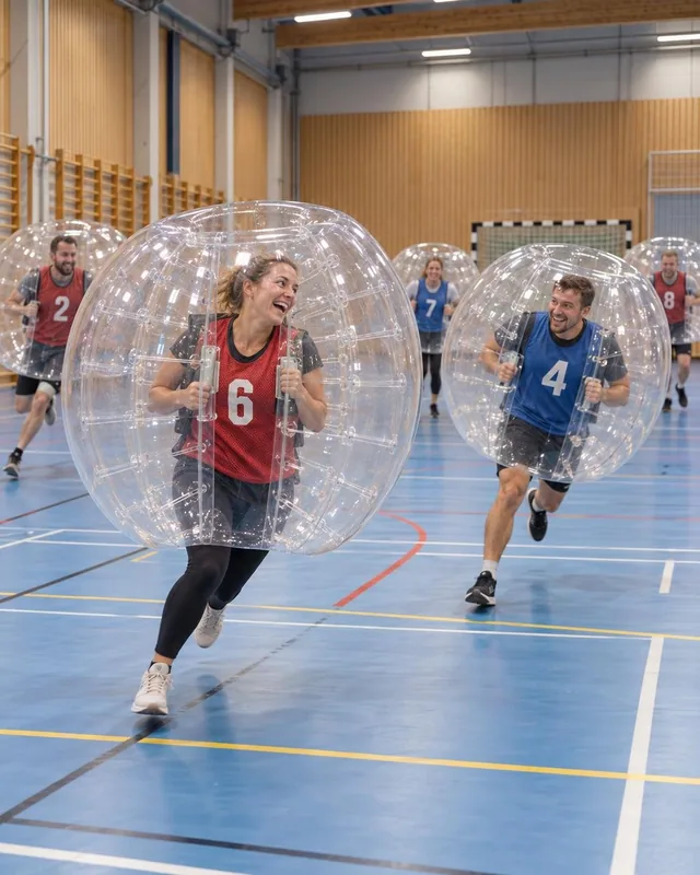 Vuxna i röda och blå västar springer med genomskinliga bumperballs i en idrottshall.