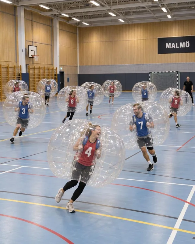 Två lag med röda och blå västar spelar med bumperballs i en idrottshall.
