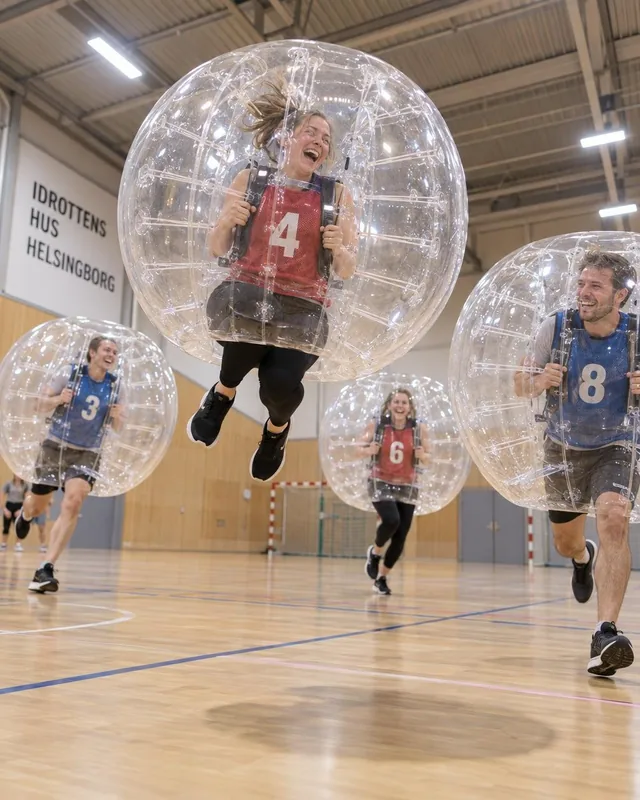 En vuxen i röd väst hoppar med en bumperball i en idrottshall.