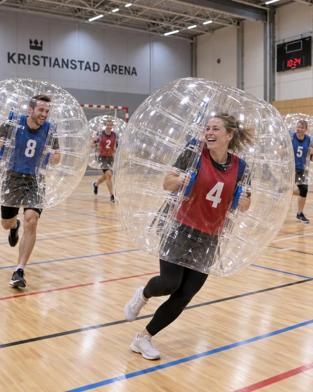 Vuxna i röda och blå västar springer med bumperballs över ett hallgolv.