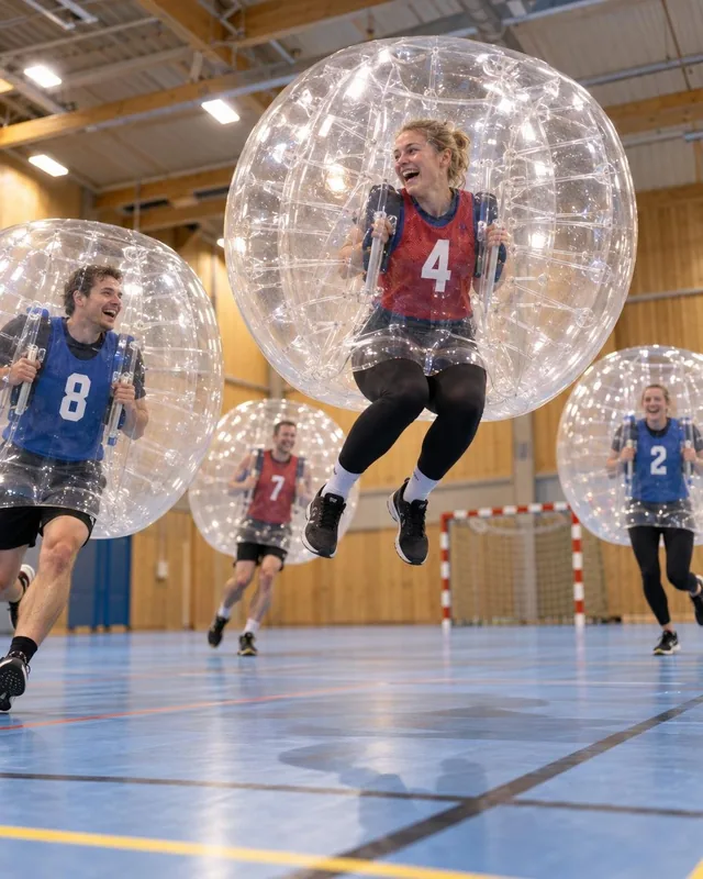 En vuxen i röd väst hoppar i en bumperball med andra spelare runtomkring i hallen.
