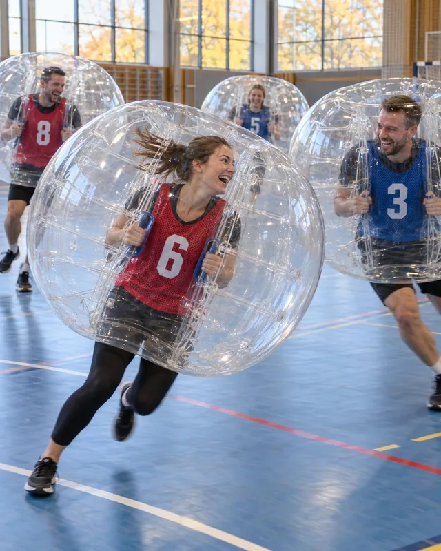 Vuxna i röda och blå västar spelar med bumperballs i en ljus idrottshall.