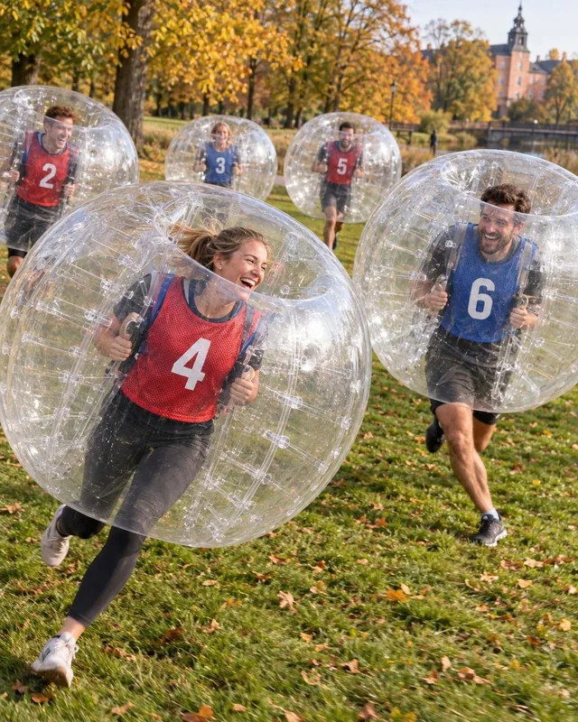 Vuxna spelar med genomskinliga bumperballs på gräs bland höstlöv.