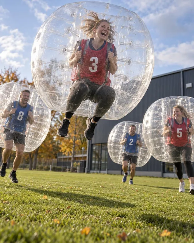 En vuxen i röd väst hoppar i en bumperball med andra spelare i bakgrunden.