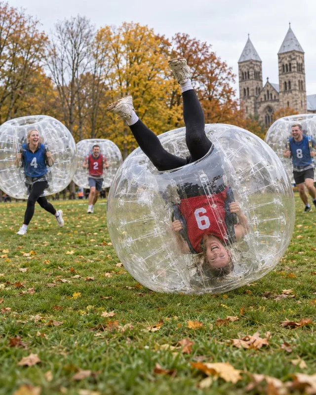 En vuxen i röd väst rullar upp och ned i en bumperball på gräs.