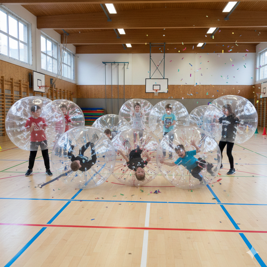 Barn som spelar bumperball på barnkalas i Skåne inomhus i idrottshall